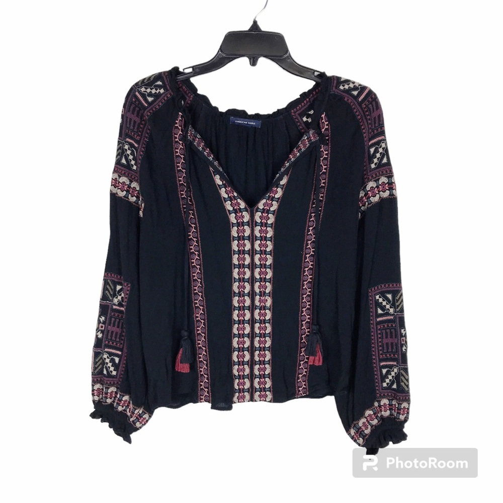 American Eagle Black Embroidered Peasant Top